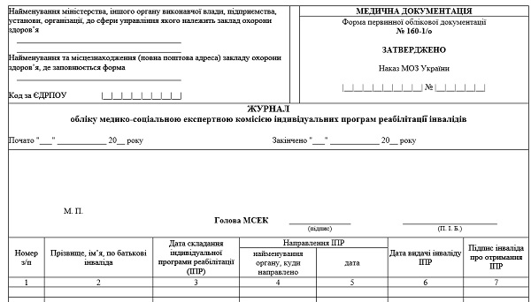 Журнал обліку медико-соціальною експертною комісією індивідуальних програм реабілітації осіб з інвалідністю: форма № 160-1/о