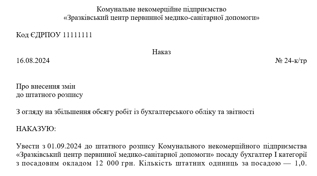 Наказ про внесення змін до штатного розпису: зразок