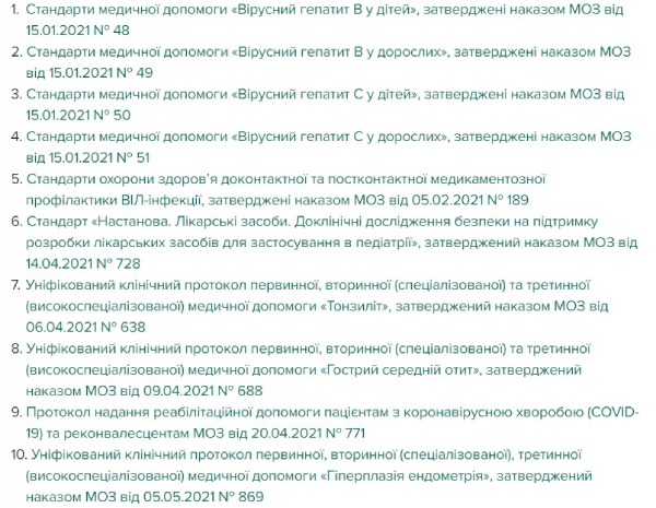 Стандарти і протоколи, які МОЗ затвердило у 2021—2022 роках