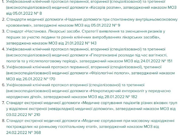 Стандарти і протоколи, які МОЗ затвердило у 2021—2022 роках