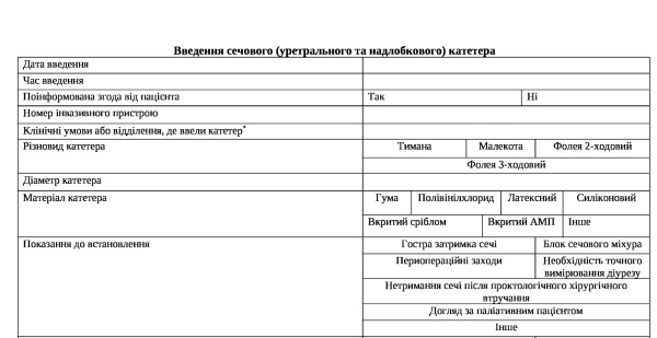 Медична карта застосування сечового катетера Медична карта застосування сечового катетера