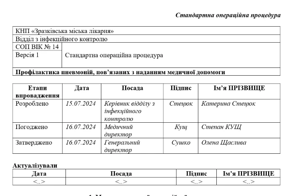 СОП «Профілактика пневмоній, пов’язаних з наданням медичної допомоги»