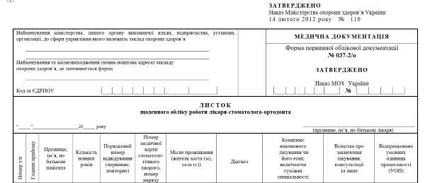 Листок щоденного обліку роботи лікаря-стоматолога-ортодонта