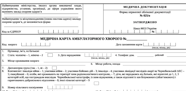 Медична карта амбулаторного хворого Форма 025 о