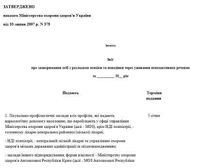 Форма № 11: Звіт про захворювання осіб з розладами психіки та поведінки внаслідок вживання психоактивних речовин Форма № 11: Звіт про захворювання осіб з розладами психіки та поведінки внаслідок вживання психоактивних речовин