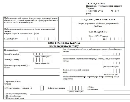 Контрольная карта диспансерного наблюдения: форма 030/о Бланк формы 030 у