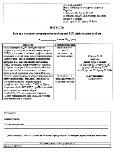 Медична форма №56: Звіт про надання антиретровірусної терапії ВІЛ-інфікованим особам Медична форма №56: Звіт про надання антиретровірусної терапії ВІЛ-інфікованим особам