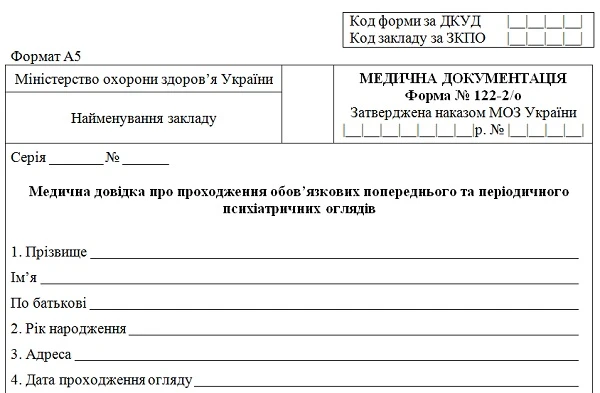 Психиатрический осмотр: законодательство, порядок, виды Медична довыдка № 122-2/о