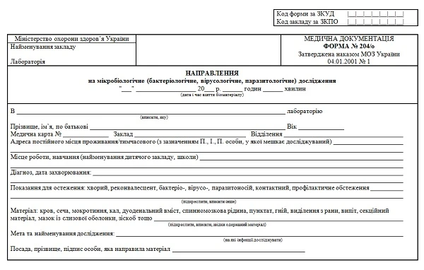 Ф. № 204/о «Направлення на мікробіологічне (бактеріологічне, вірусологічне, паразитологічне) дослідження»