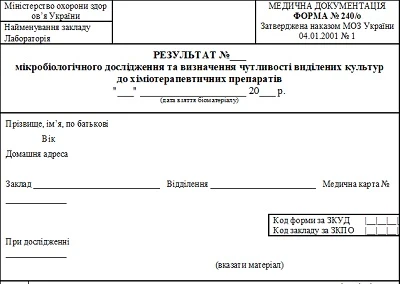 Результат мікробіологічного дослідження та визначення чутливості: форма № 240/о