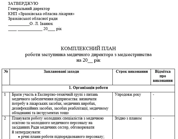 Комплексний план роботи заступника медичного директора з медсестринства Річний план заступника медичного директора з медсестринства: зразок
