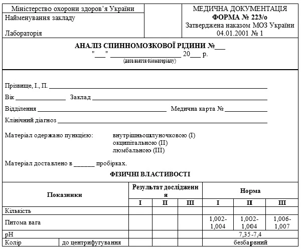 Аналіз спинномозкової рідини: форма № 223/о