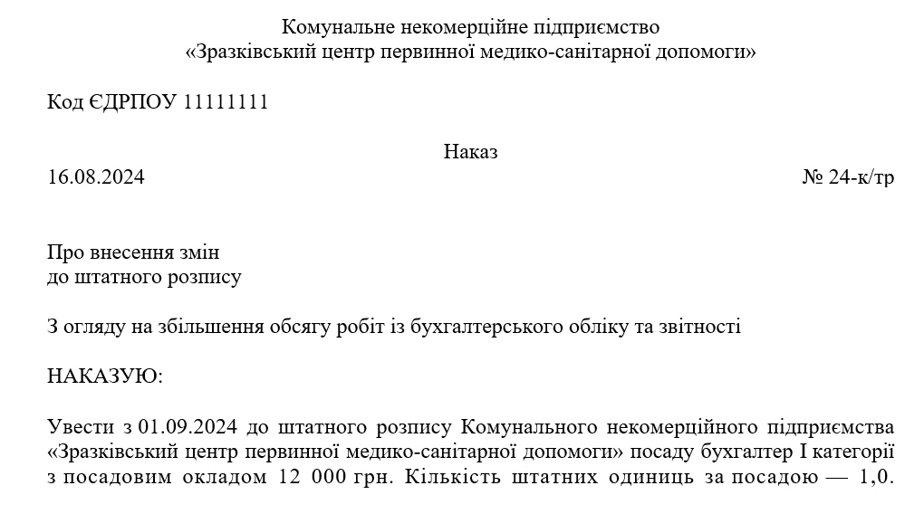 Наказ про внесення змін до штатного розпису: зразок Наказ про внесення змін до штатного розпису: зразок