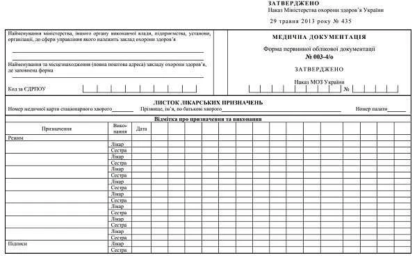 Лист врачебных назначений: форма № 003-4/у Лист врачебных назначений: фото формы 003-4/у
