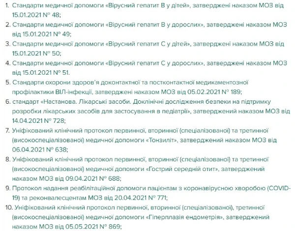 Стандарти і протоколи, затверджені в 2021 році Які стандарти і протоколи затвердило МОЗ у 2021 році